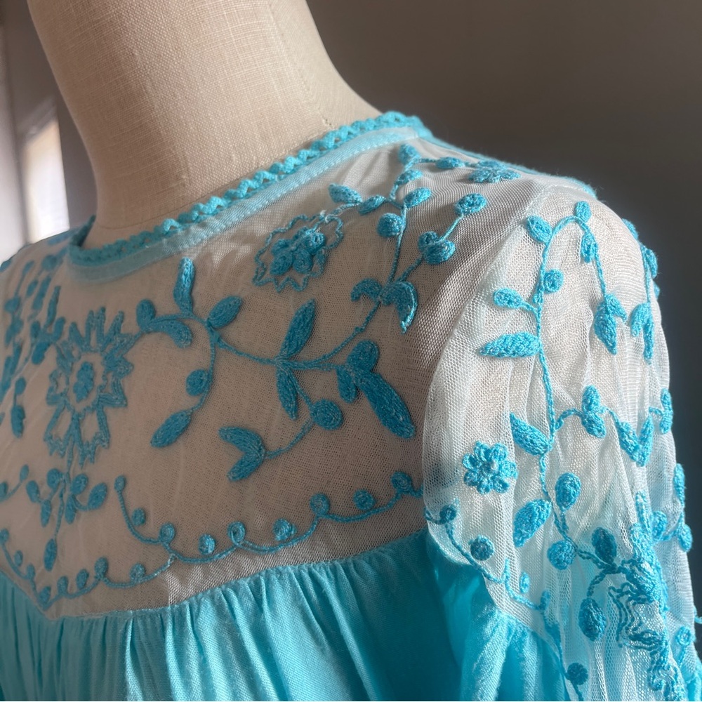 Upcycled Turquoise Boho Maxi Dress with Lacy Top & Paisley Ruffled Skirt, Size M - Picture 8 of 12